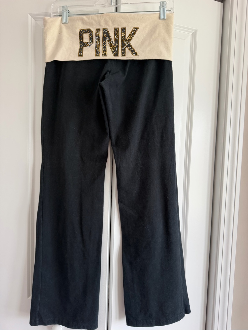 PINK Victoria's Secret Black Flare yoga Pants with Cream Foldover Waist